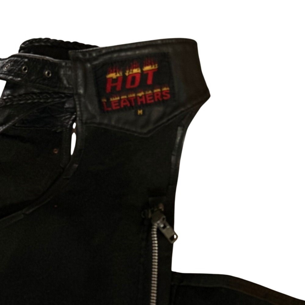 Hot Leathers Mens Black Leather Motorcycle Chaps Braided Trim Biker Gear Size M - Picture 3 of 7
